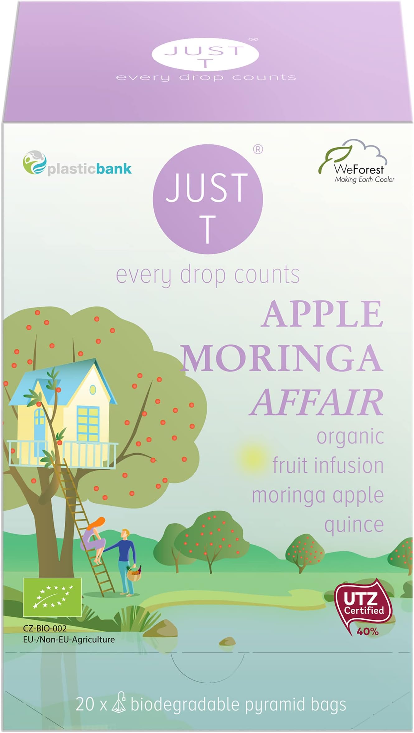 JUST T Apple Moringa Affair Premium Pyramid Tea Bag (20 pcs) | Organic Fruit Tea – Infused with Moringa Apple Quince| Biodegradable Premium Organic Tea Bags – High-Grown Leaf Tea for All Tea Lovers