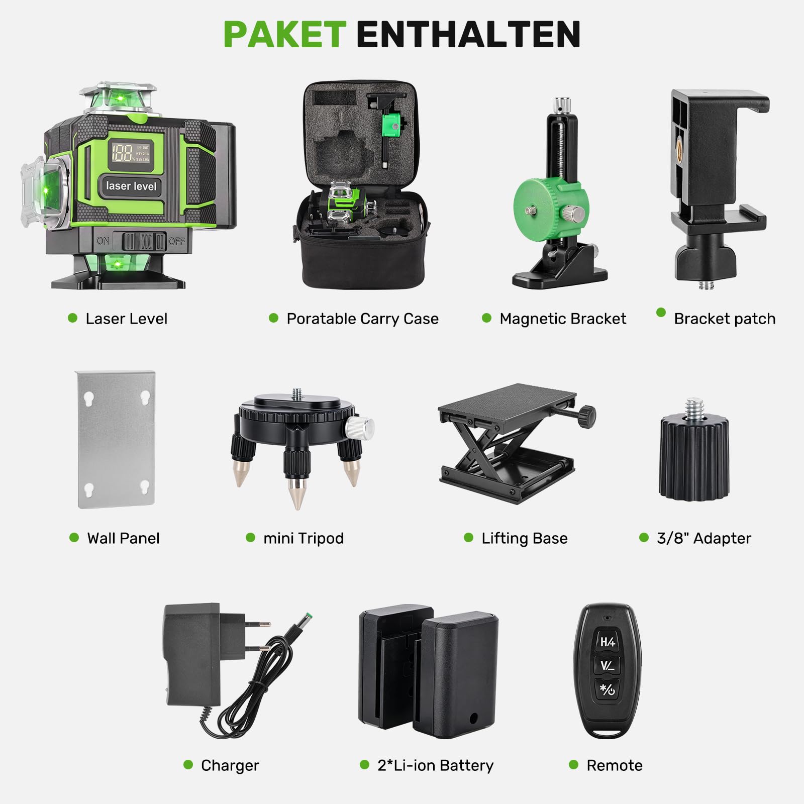 Nivel Láser Autonivelante 16 Líneas 4x360° Verde con 2 Baterías | Láser Autonivelante Profesional con Control Remoto, Modo Manual y Automático, Nivel Láser para Azulejos Techos y Pladur