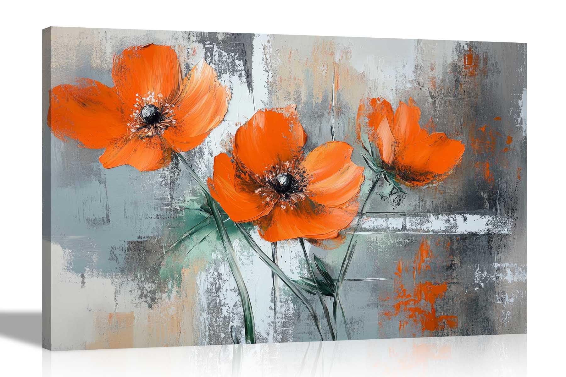 Artley Prints Rustic Flowers Orange - Grey Orange Blooming Flowers Canvas Wall Art Pictures Modern Framed Prints For Special Occasions Conservatory Decor 76 X 50Cm (30 X 20 Inches)