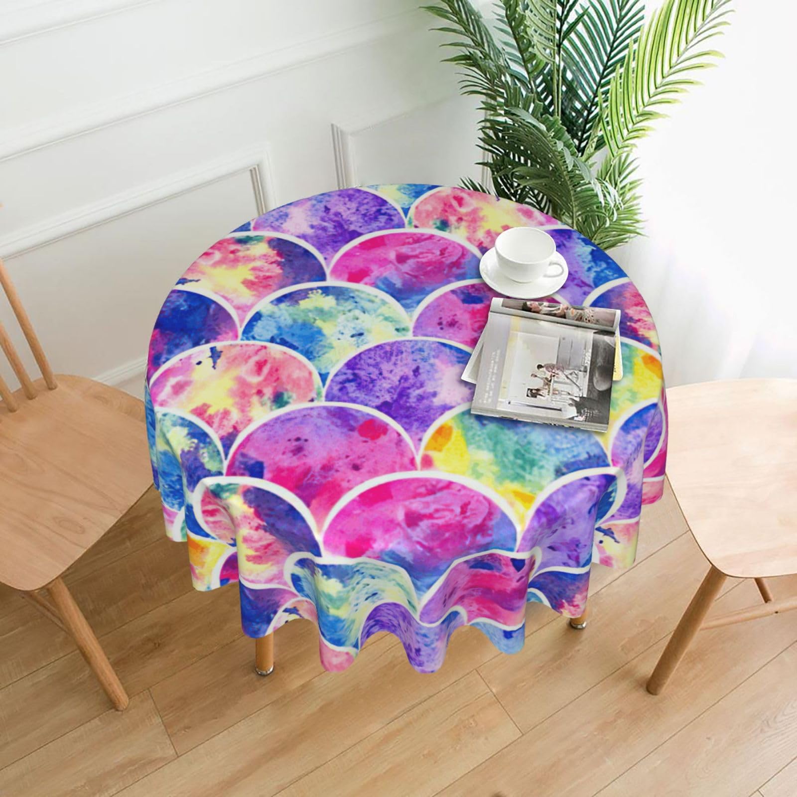 Uusnwaa Beautiful Rainbow Colors Mermaid Print Round Tablecloth 60 Inch, Stain Wrinkle Resistant Washable Polyester Table Cover For Kitchen Party