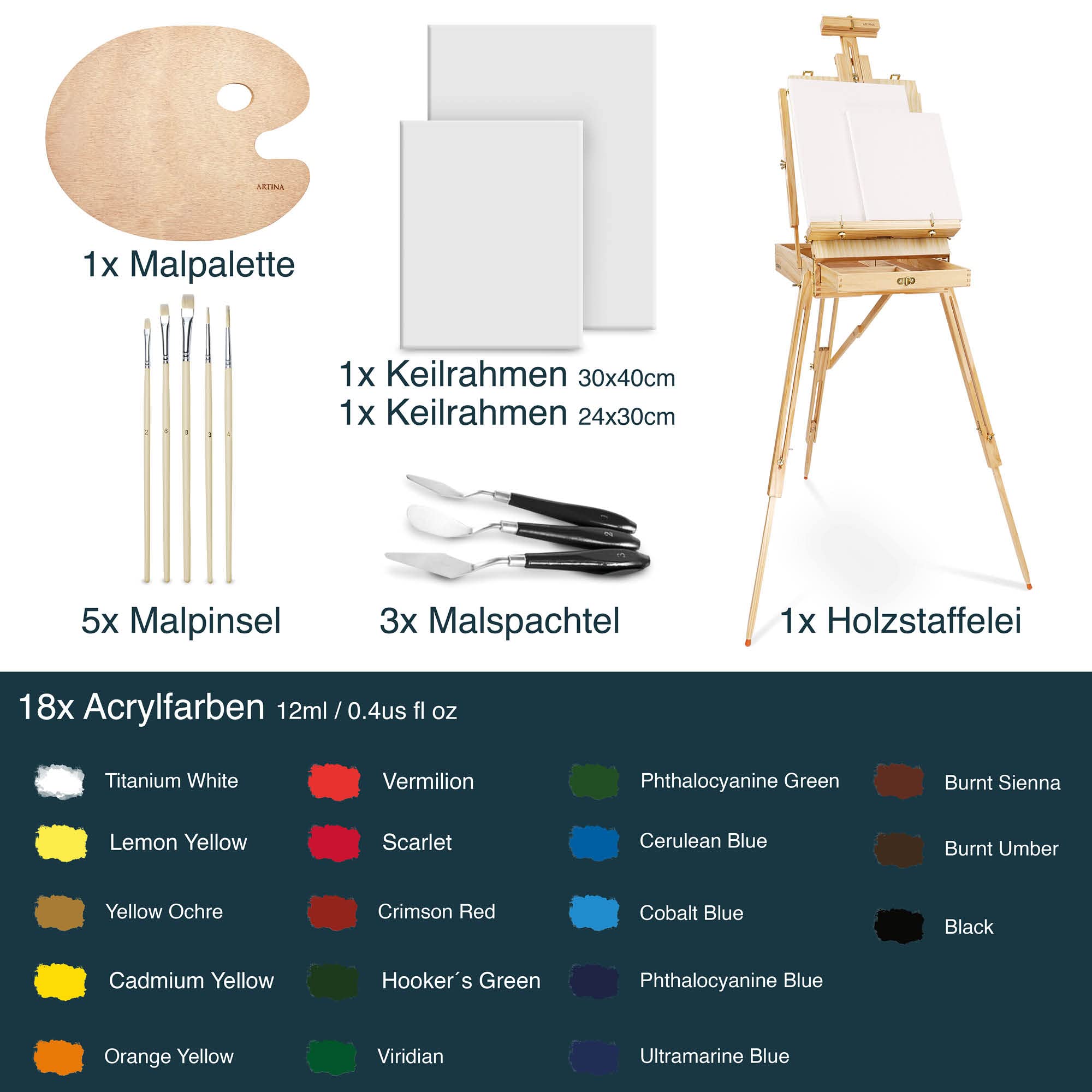 Artina 30 tlg Malset mit Kofferstaffelei Acrylfarben Set Künstlerkoffer | 2x Leinwänden 18x Pinseln & Mal Zubehör für Erwachsene & Hobbykünstler 30tlg Malen Acryl Anfänger Madrid