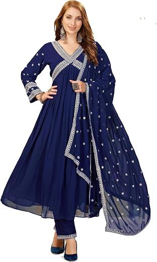ROYALICA Womens Georgette aliya cut Anarkali Kurta With Pant and Dupatta Set