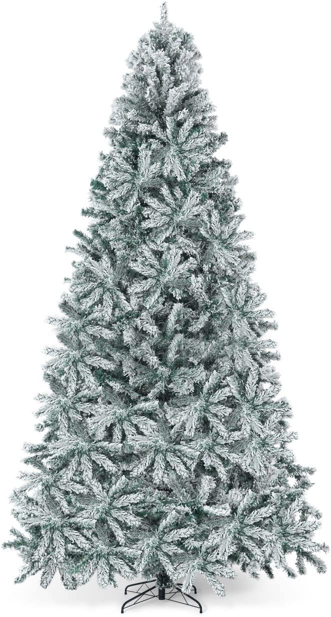 CAPHAUS 9 Feet Premium Pre-Hinged Snow Flocked North Valley Spruce Full Artificial Frosted White Fake Christmas Tree, 2,094 Branch Tips and Metal Stand, Indoor, Home, Office, Party, Holiday Decoration