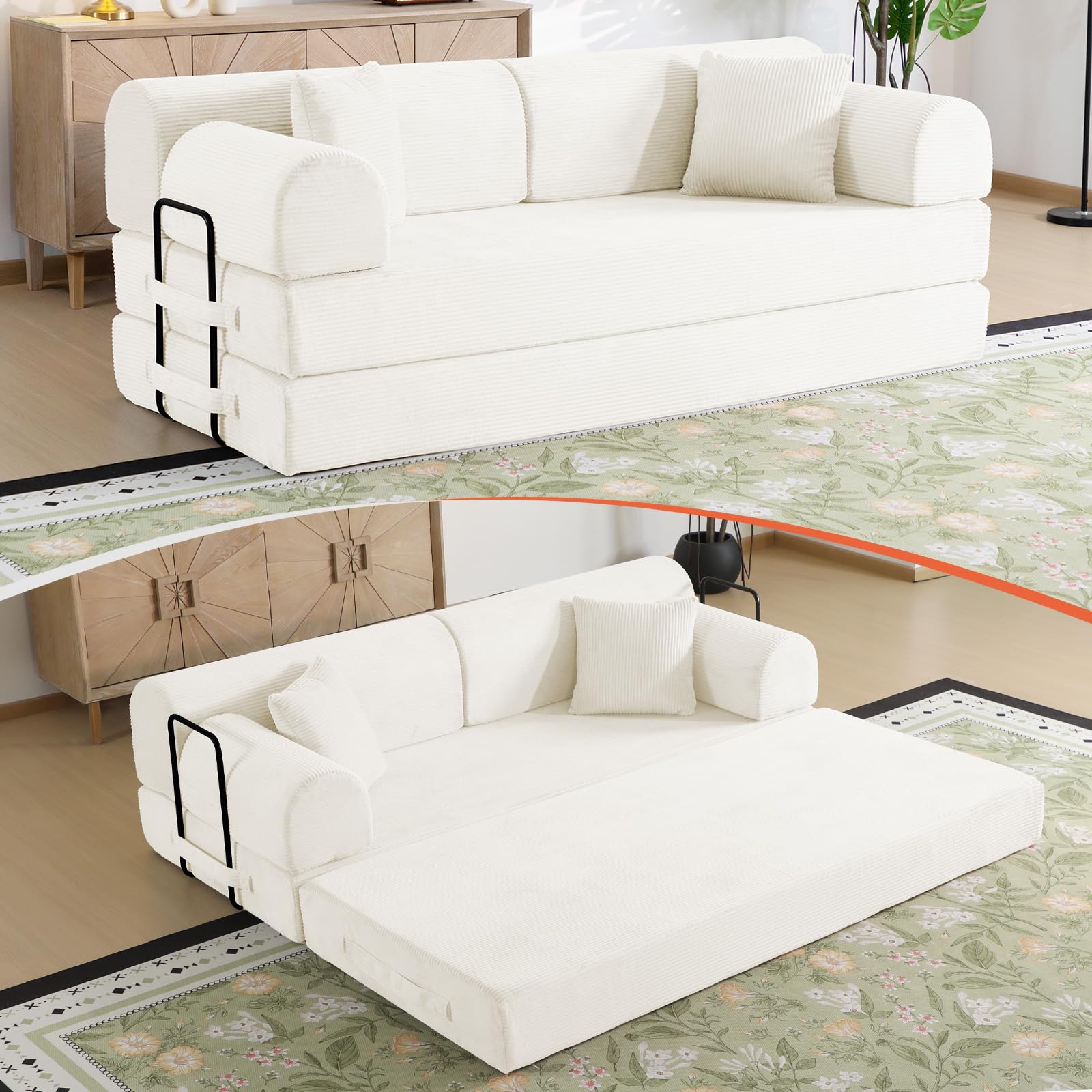 KSTNLUXQ 79" Corduroy Sofa Bed, Boneless Couch in a Box with 2 Pillows, High-Density Foam 4-in-1 Foldable Sleeper Futon Loveseat for Small Spaces, No
