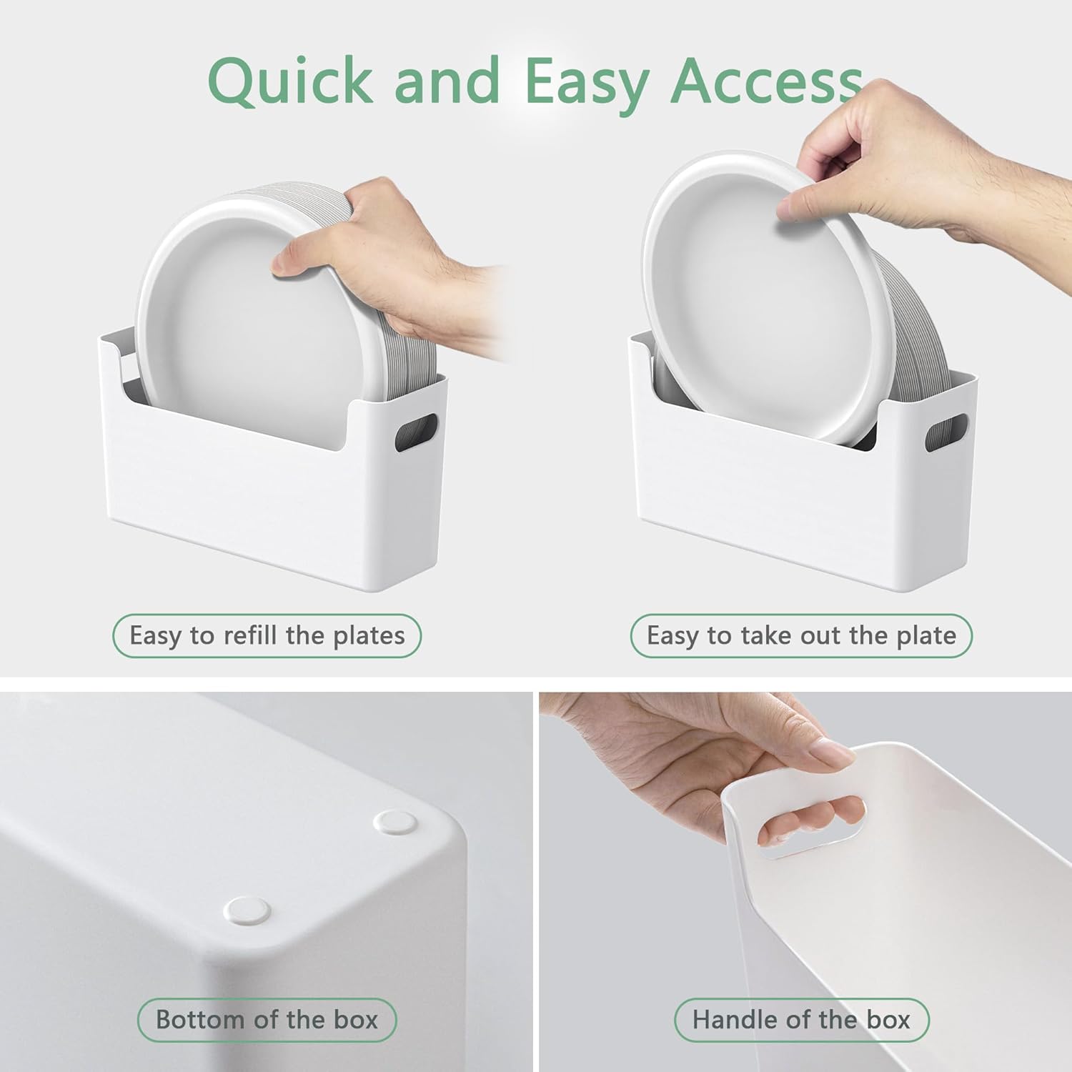 4Pcs Paper Plate Dispenser for 6-9.5 Inch Disposable Plates, Space-Saving Plastic, Foam and Paper Plate Storage Organizer for Cabinet, Countertop, RV or Outdoor (White)