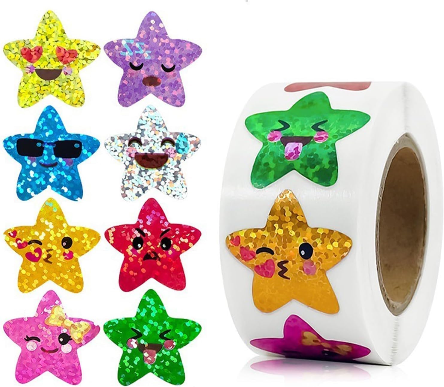 500 Pcs Smile Star Stickers, Shiny Reward for Children, Star Stickers for Reward Chart, Sparkly Incentive, Motivational Holographic for Teacher Supplies at School