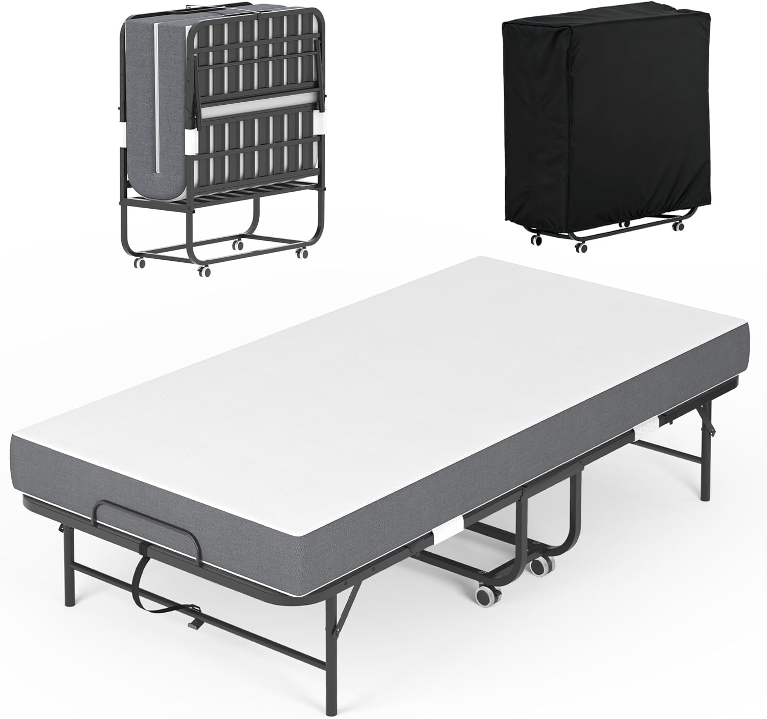 Folding Bed with Mattress, Roll Away Beds for Adult, 74"x 37" Portable Rollaway Bed with Memory Mattress and Metal Frame, Foldable Bed for Home Office Outdoor Camping