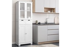 HORSTORS Freestanding Storage Cabinet: 67" Tall with Glass Door, Shelves, and Drawers