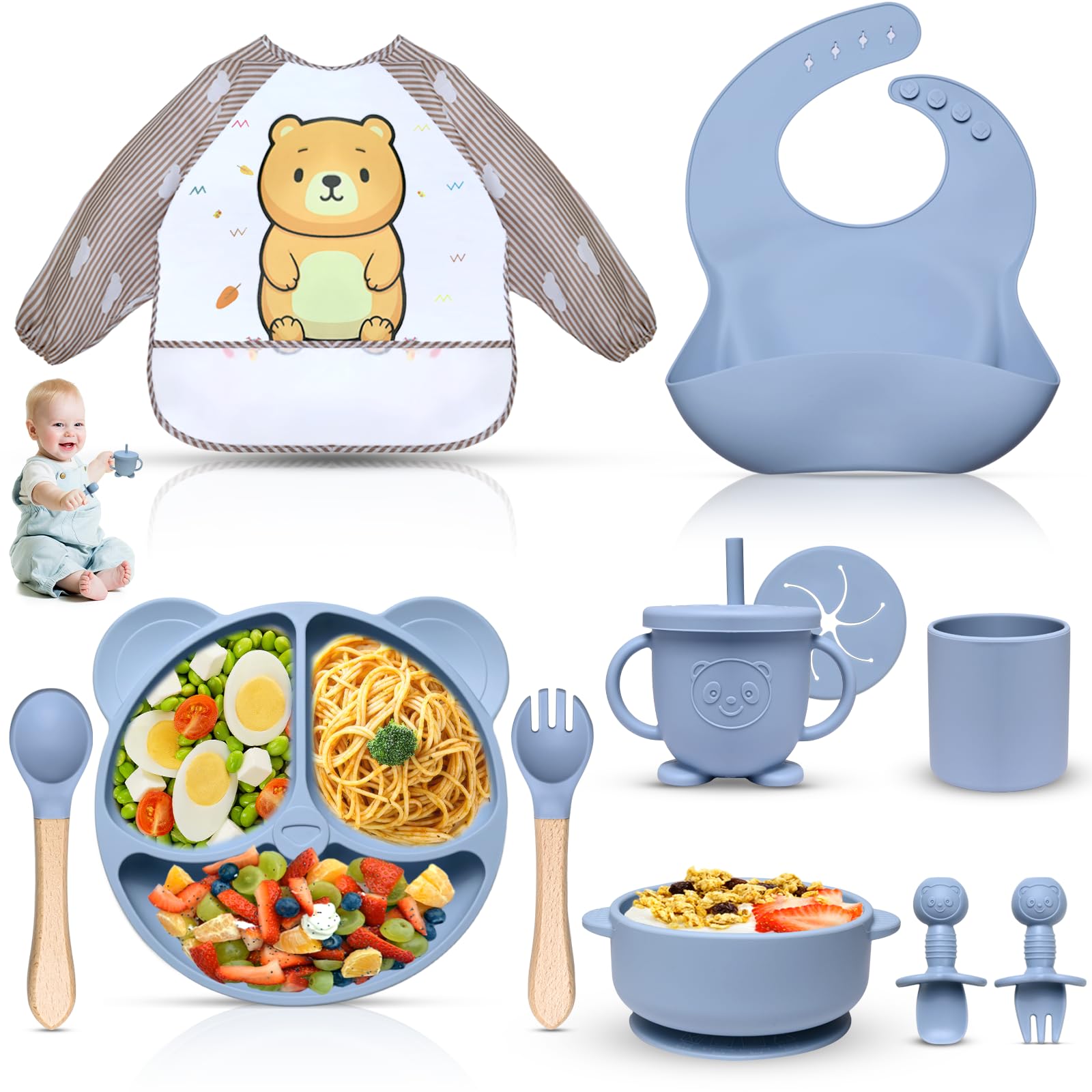 Dazhtu 11 Stücke Silikon Baby Geschirrset, Kindergeschirr Baby-Teller Rutschfest mit Saugnapf, Baby-Teller mit Saugnapf, Schüssel, Lätzchen,Löffel,Gabel,Baby-Trinkbecher, BPA Frei, Blau