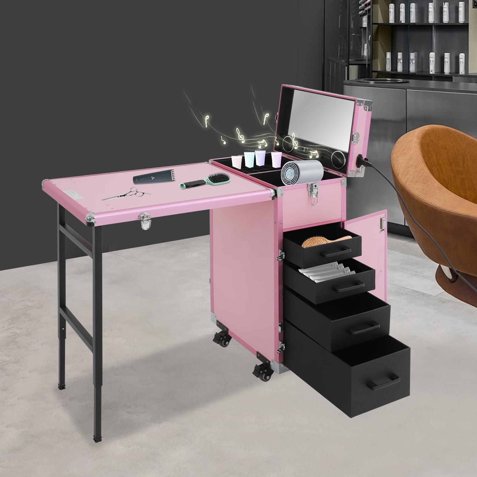 Walizka na kosmetyki, walizka na kółkach, stół do manicure, maks. nośność 50 K, organizer do przechowywania kosmetyków, kuferek na przybory do makijażu do użytku na świeżym powietrzu, różowy,