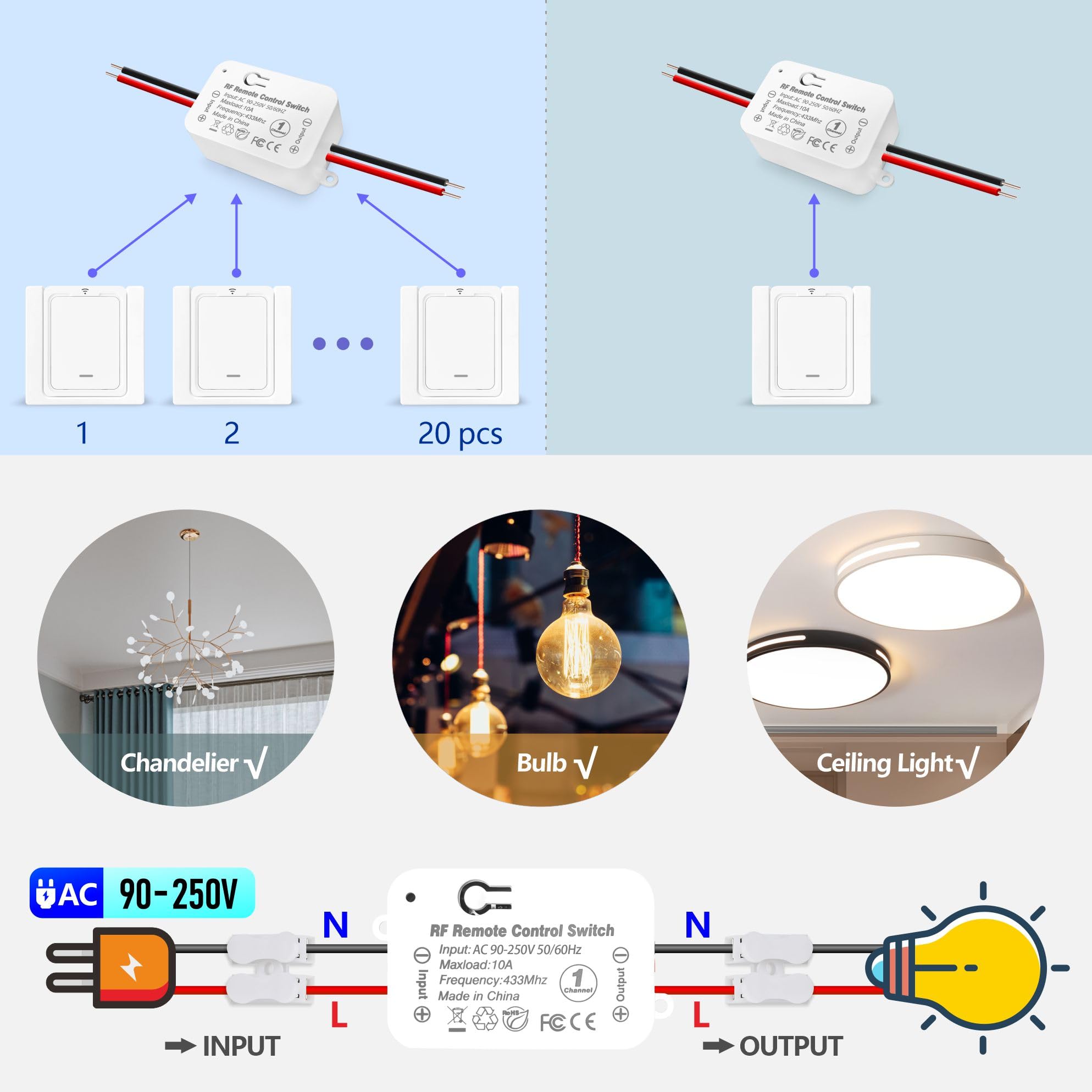Kit de Interruptor de Luces Inalámbricas, Interruptor Inalámbrico Receptor Relé 220V 2000W RF Control Remoto Hasta 150M Mando Distancia para Luces y Electrodomésticos, No se requiere WiFi