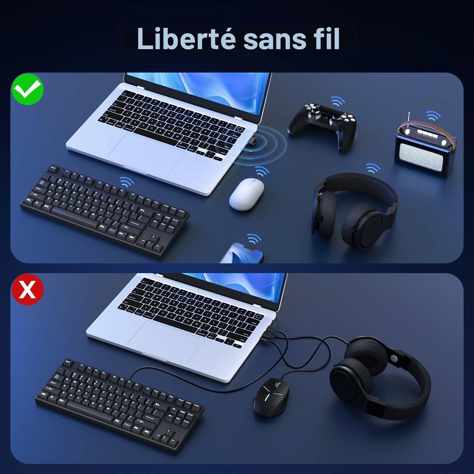 Hoppac Dongle Bluetooth 5.4, Cle Bluetooth pour PC, Faible Latence, Adaptateur Bluetooth USB, Compatible avec Windows 11/10/8.1/7, pour Casque, Souris, Clavier, Imprimantes