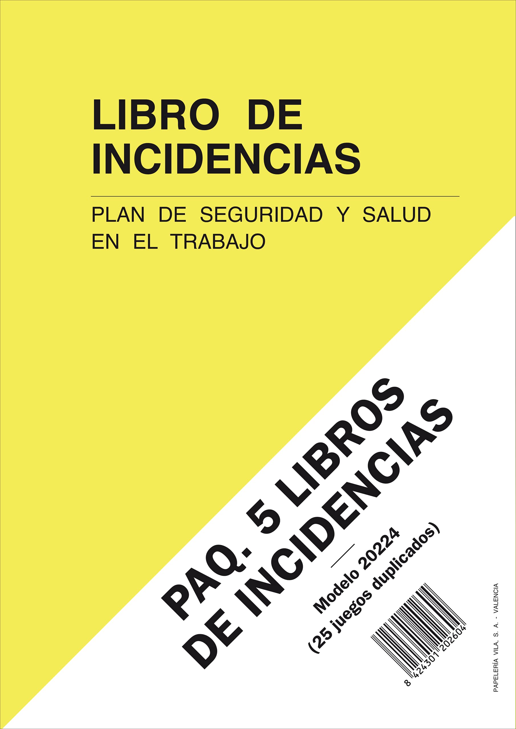 PAQ. 5 LIBROS DE INCIDENCIAS. Plan de Seguridad y Salud en el Trabajo. A4, 25 folios duplicados y numerados.
