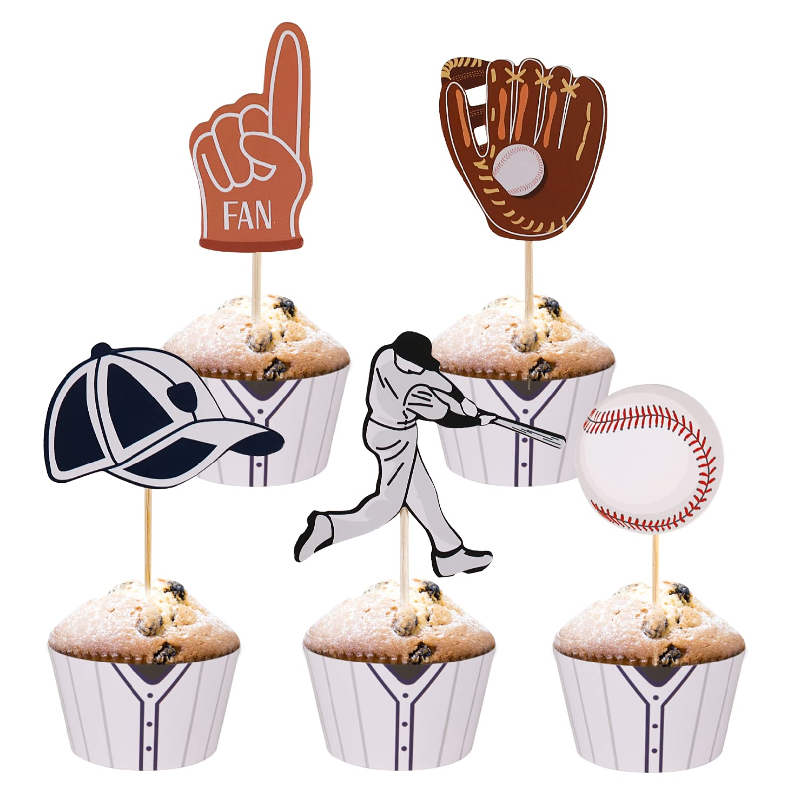 Baseball Cupcake Toppers and Wrappers(Double Sided), Rookie Of The Year Decorations for Boys Kids Themed Birthday Party, Baby Shower or Party Wrappers Supplies 40Pcs