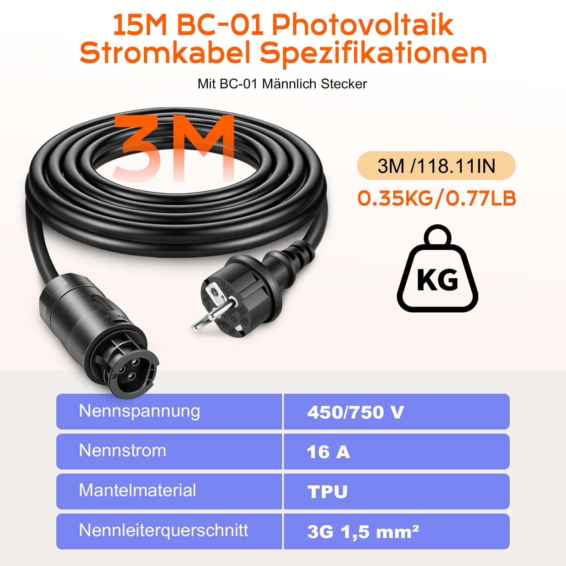 BC-01 kabel 3 m, gniazdo BC01 z wtyczką Schuko, kabel przyłączeniowy, elektrownia balkonowa, kabel przyłączeniowy Betteri BC-01 do kuchenki mikrofalowej Envertech, TSUN, NEP, Hoymiles (HM