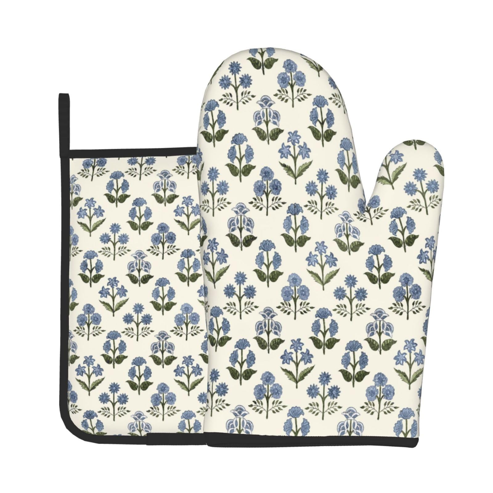 Vintage Floral Oven Mitts and Pot Holders Sets Blue Green Flowers Oven Mitts Heat Resistant Boho Plants Kitchen Gloves Hot Pads Two Piece Set for Cooking Baking Grilling BBQ