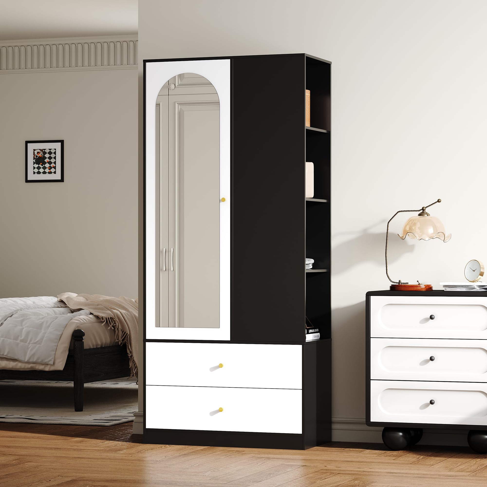 SUKY Armario con espejo y una puerta, moderno armario con 2 cajones y 4 estantes, ideal para almacenamiento versátil en el dormitorio, blanco y negro, 80 x 40 x 180 cm
