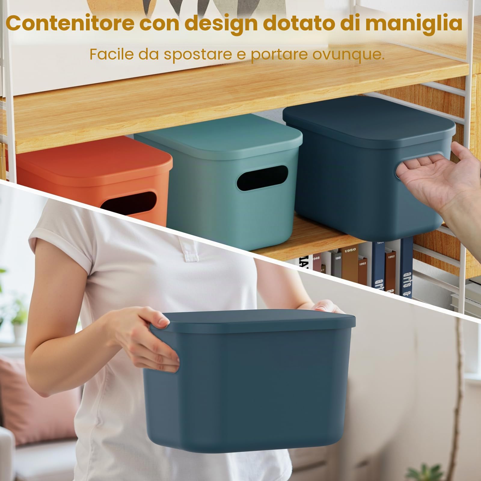 johgee Set di 6 contenitori con coperchio, in plastica, impilabili, per scaffali, cucina, camera da letto, armadio, bagno