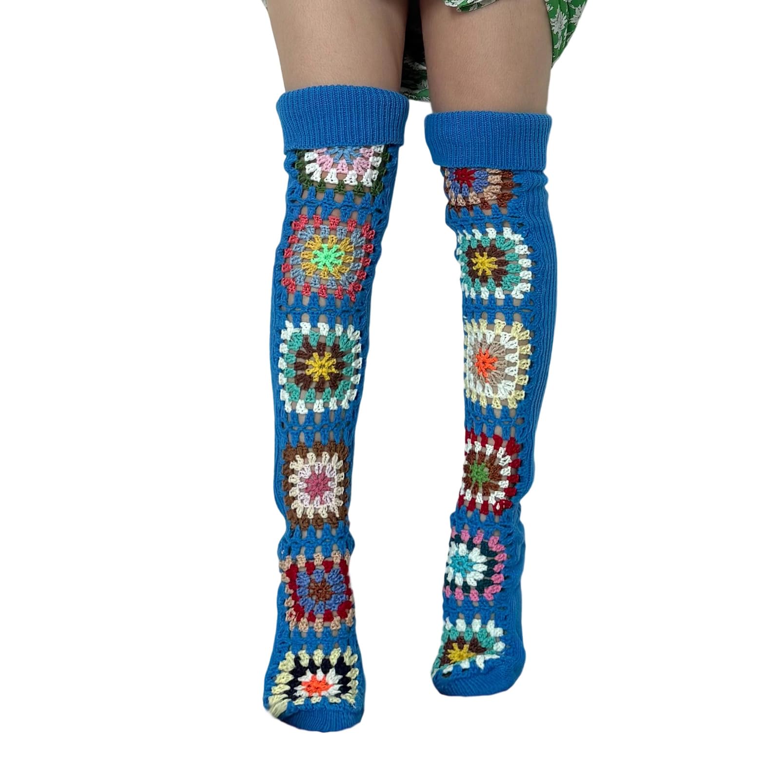 FEORJGP Womens Granny Square Over Knee High Socks Crochet Knitted Stockings Tube Long Leg Warmers Cable Thigh High Boot Socks