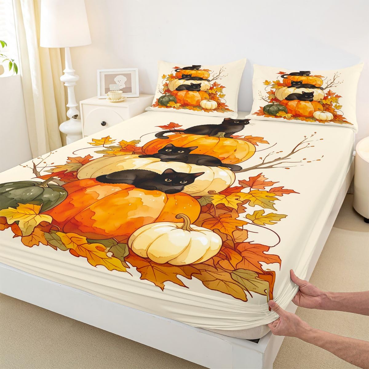 Homewish Sábana bajera ajustable de tamaño king con diseño de calabaza y