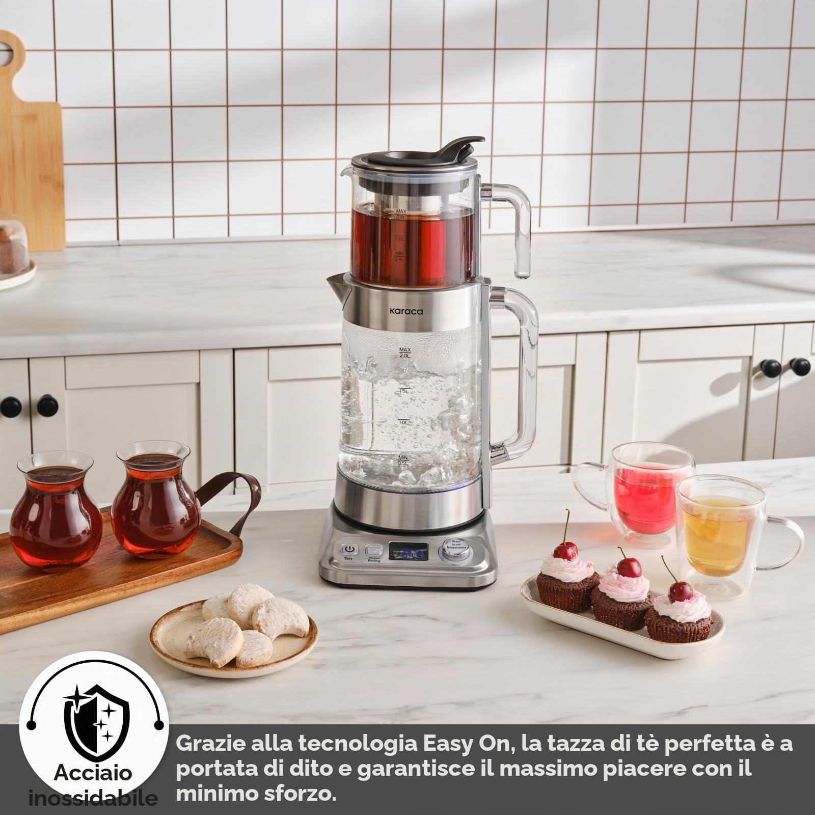 Karaca X Refika XL - Bollitore automatico per tè e caydanlik, 2 l, teiera in vetro da 0,8 l, multi-temperatura, modalità eco, 2200 W, macchina da tè per famiglia e ospiti, cromato