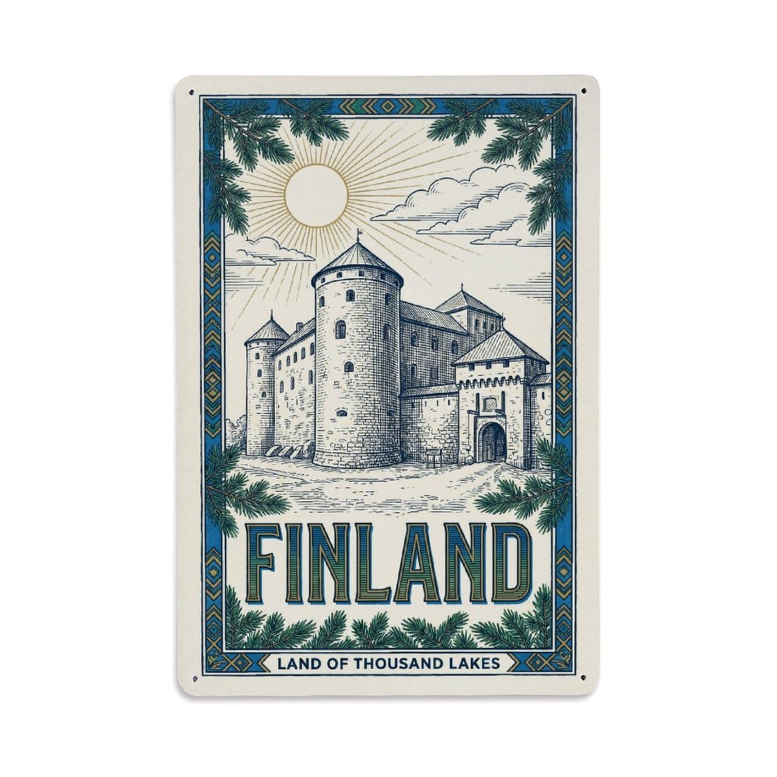 Olhnbad Style Finland Stone Castle Lake Travel Heritage Metal Tin Sign