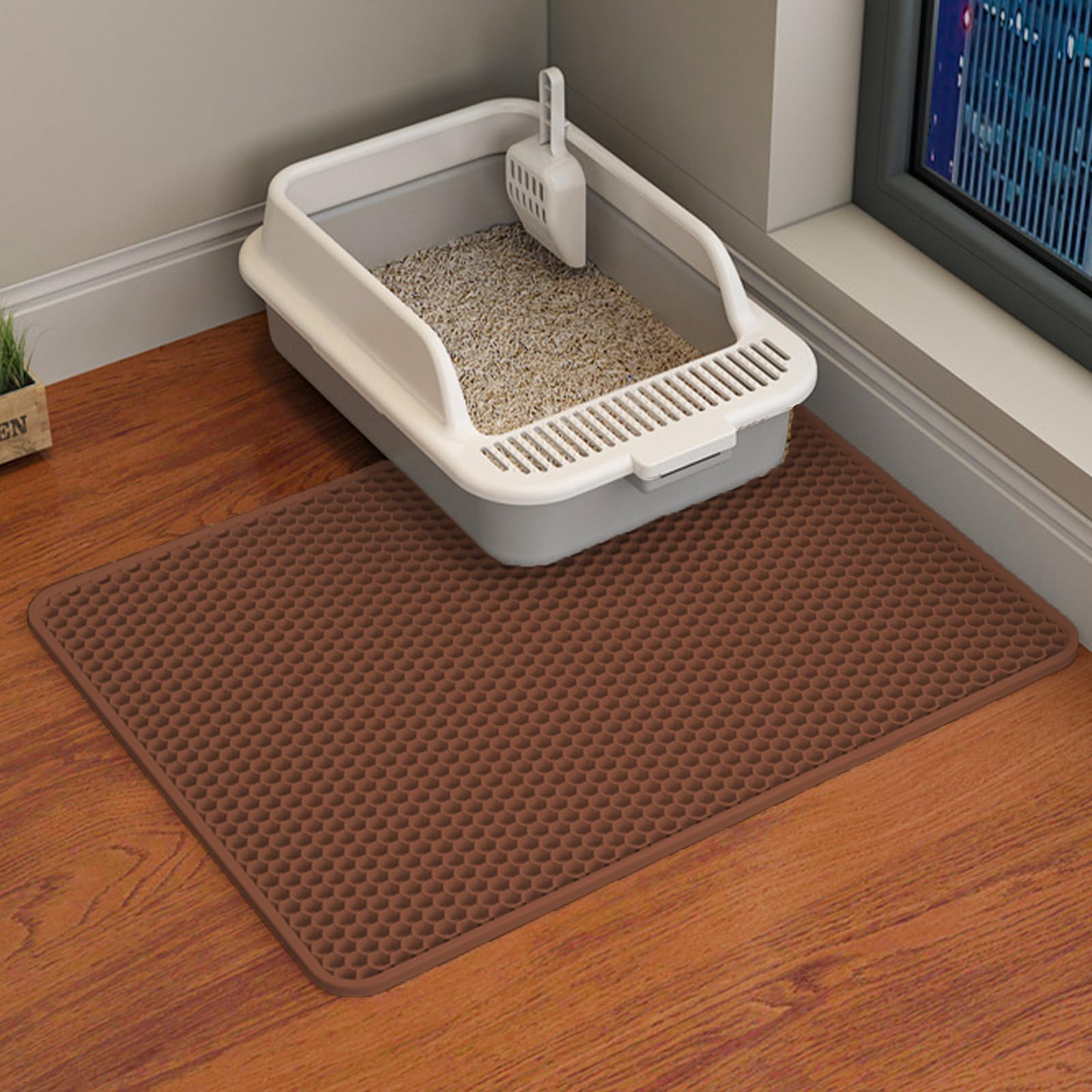 HCY&WLD Cat Litter Mat, Honeycomb Double Layer Cat Litter Trapping Mat, Waterproof Urine Proof Non-Slip, Scatter Control, Less Waste, Easier to Clean (Brown, 24" X 18")