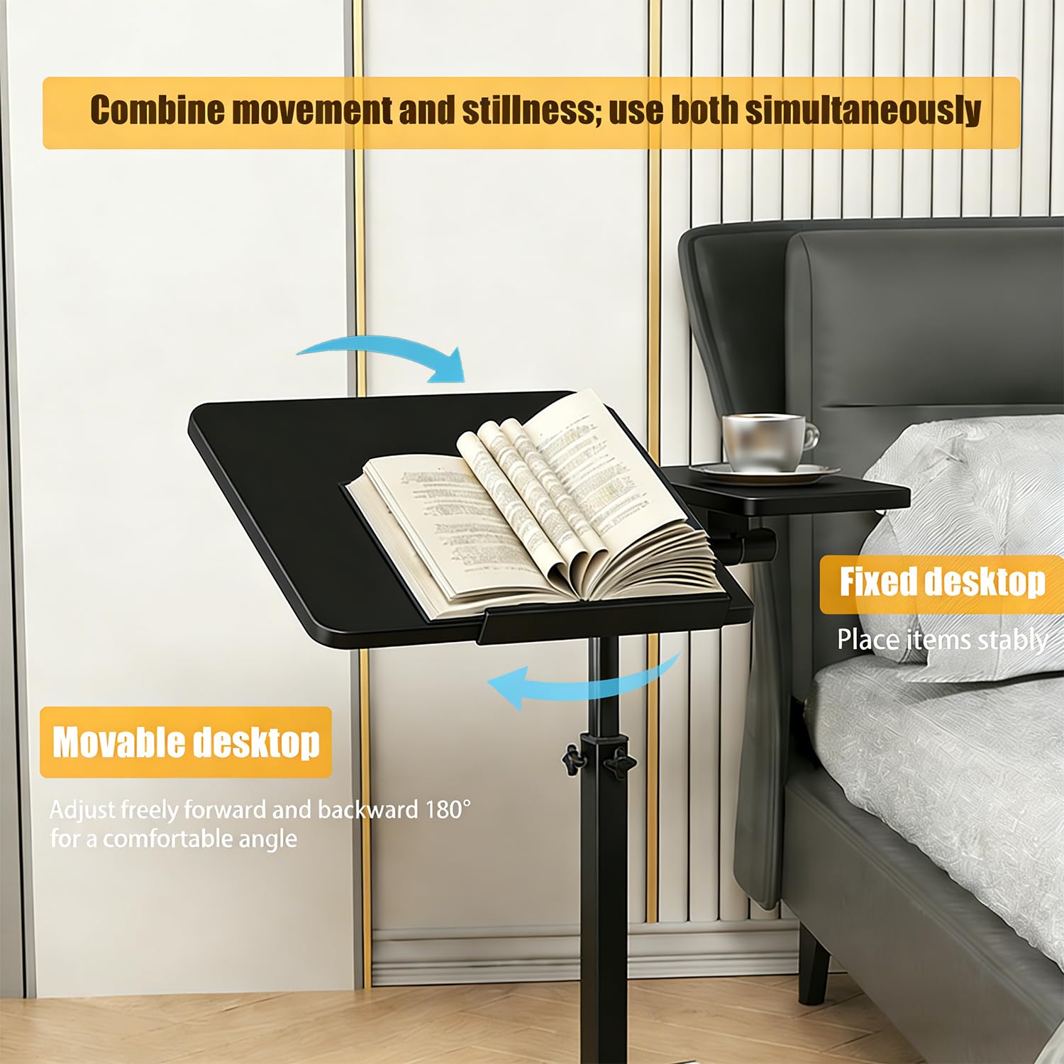 Tavolino Servitore Letto,Tavolo Per Letto Regolabile Con Ruote Nascoste, 60x40 Cm, Adatto Per Scrivania, Divano o Letto, Supporto Per Laptop Con Altezza e Angolo Regolabili, nero