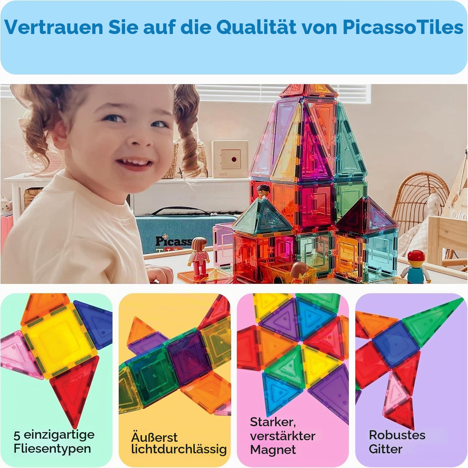 PicassoTiles 60pc Magnetischer Baustein 60-teiliges Set Magnetische Fliesen Konstruktionsspielzeug Lernset Engineering Mint Pädagogisches Spielset Kreative Kinder Gehirnentwicklung Stapelblöcke PT61