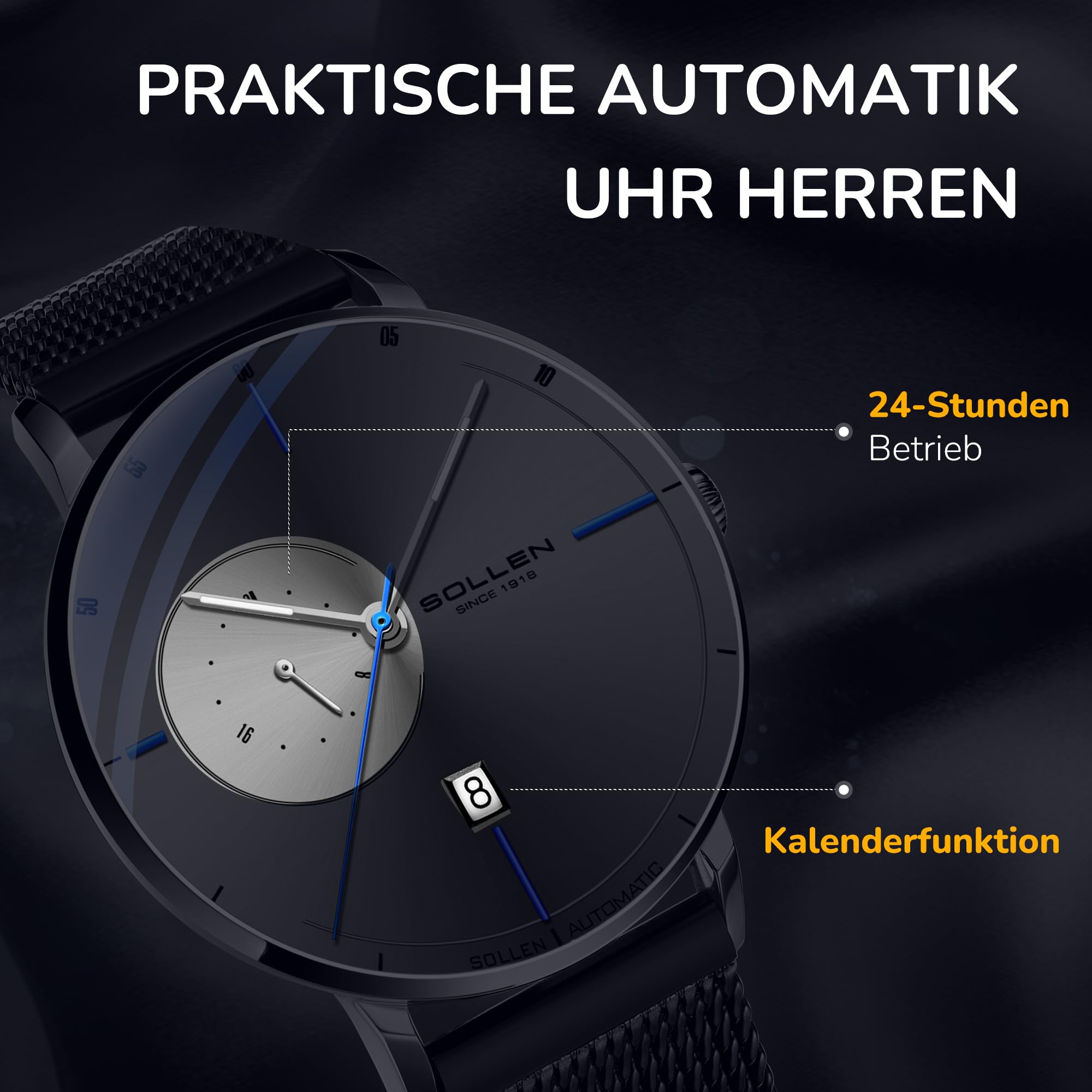 SOLLEN Minimalistische Automatikuhren Herren,Grau Automatische Herrenuhren,Originales Mechanisches Uhrwerk,3ATM Wasserdicht Leuchtend Selbstaufzug Herrenuhr mit Kalendar,Business Armbanduhr für Männer