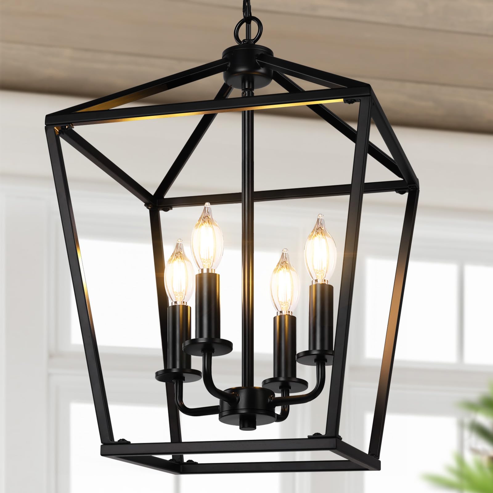 BrightHome Farmhouse Chandelier 4-Light, Black Pendant Light Fixture for Kitchen Island Dining Room, Lantern Industrial Lighting Ceiling Hanging with