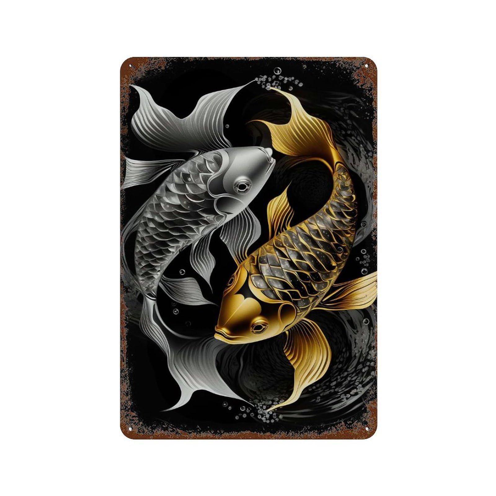 Koi Fish Silver Gold 11.8"x7.9" Weathered Tin Sign, Shabby Chic Decor for Farmhouse, Kitchen And Entryway Decor
