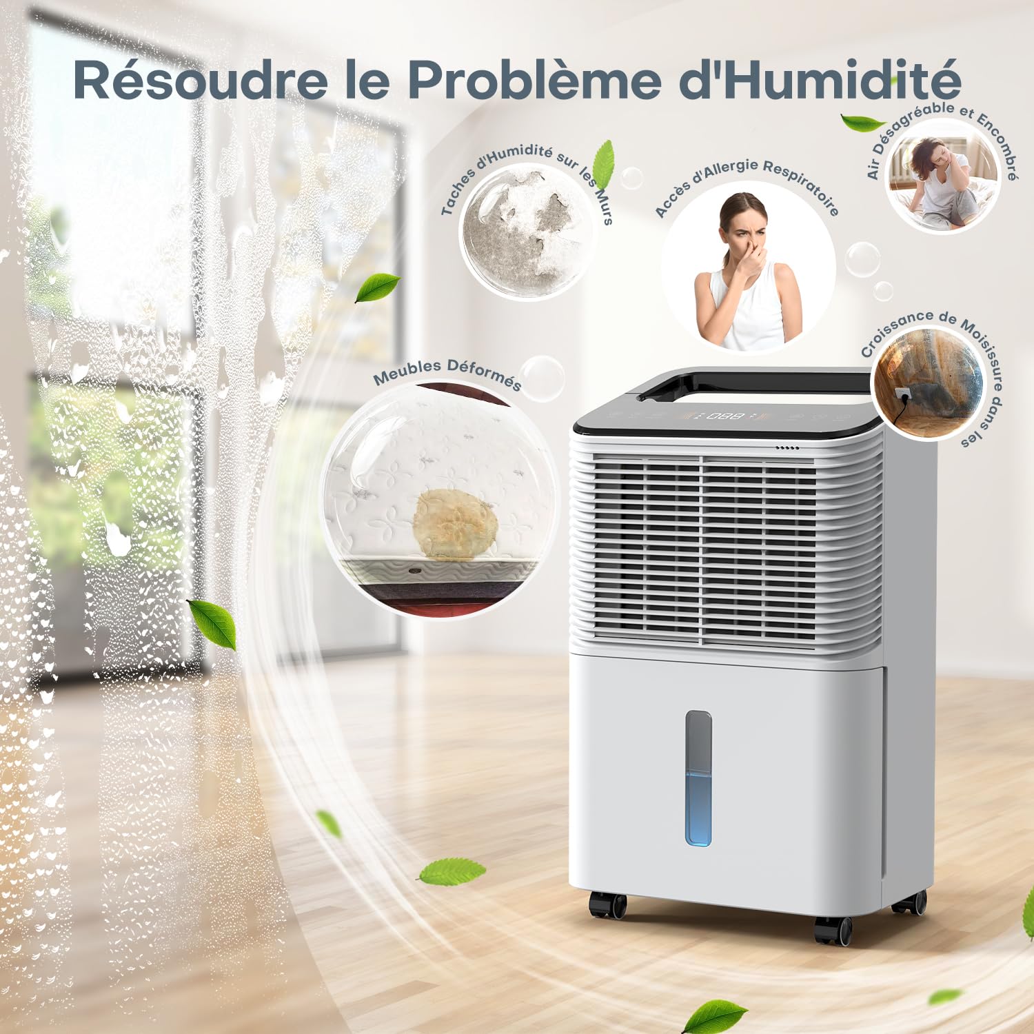 Deshumidificateur d air 16L/jour, Déshumidificateur de Chambre Ultra-silencieux, Contrôle Central Intelligent, Mode AUTO, Indicateur d'humidité, Minuterie 24H, Plus Puissant, Plus Efficace