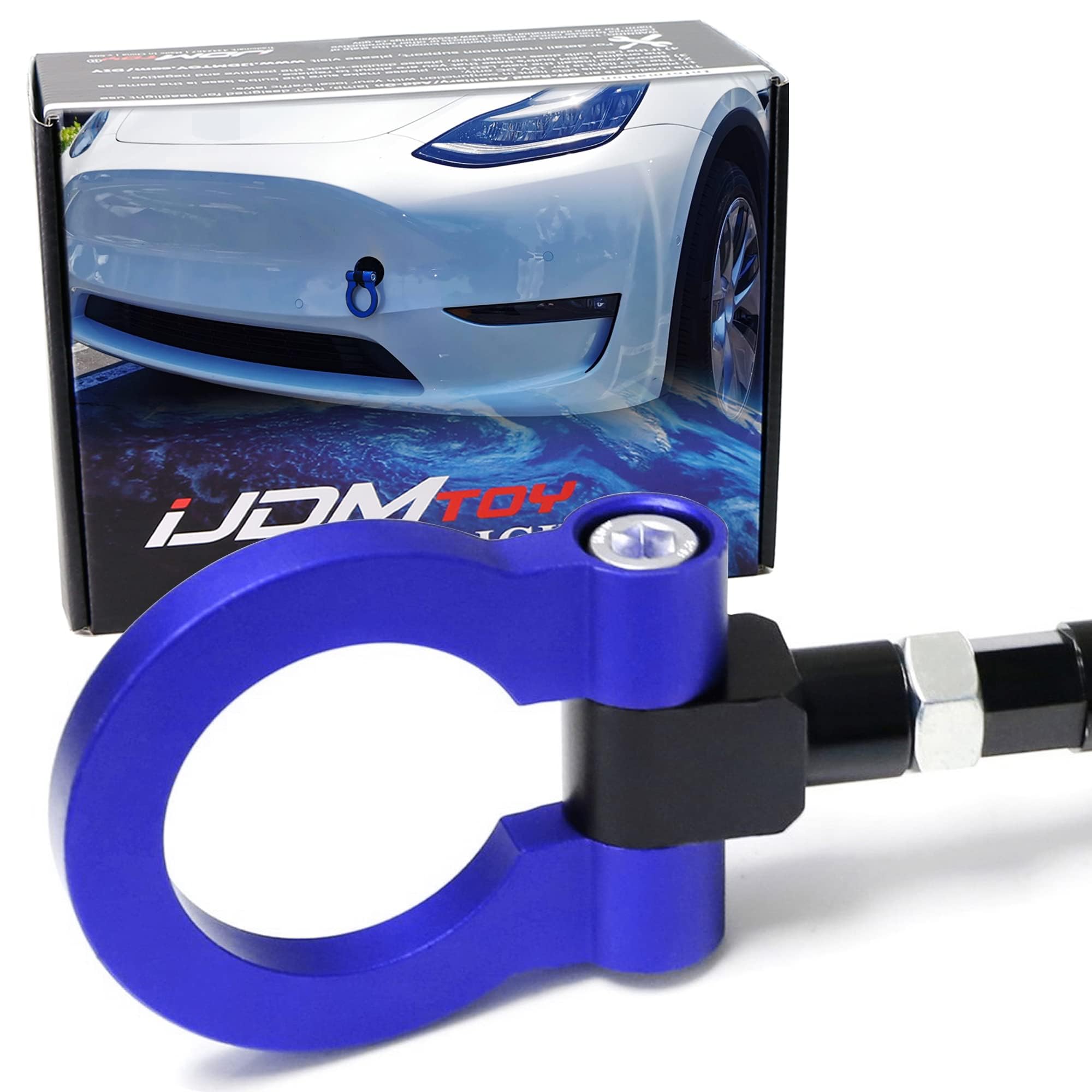 iJDMTOY Blue Track Racing Style Front Bumper Tow Hook Ring Compatible with Tesla 2017-up Model 3, 2020-up Model Y, Made of Light Weight CNC Aluminum