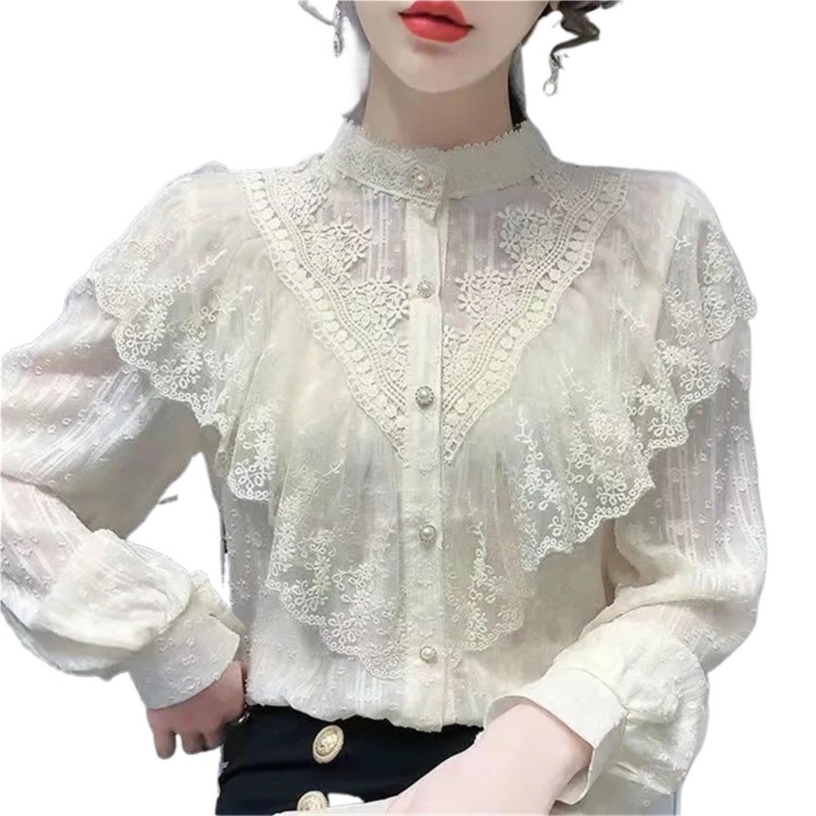 Blouse Mousseline Haut en Mousseline de Soie et Dentelle for Femme, Manches Longues, Chemise rétro française, à la Mode, Design, Bord Feuille Lotus