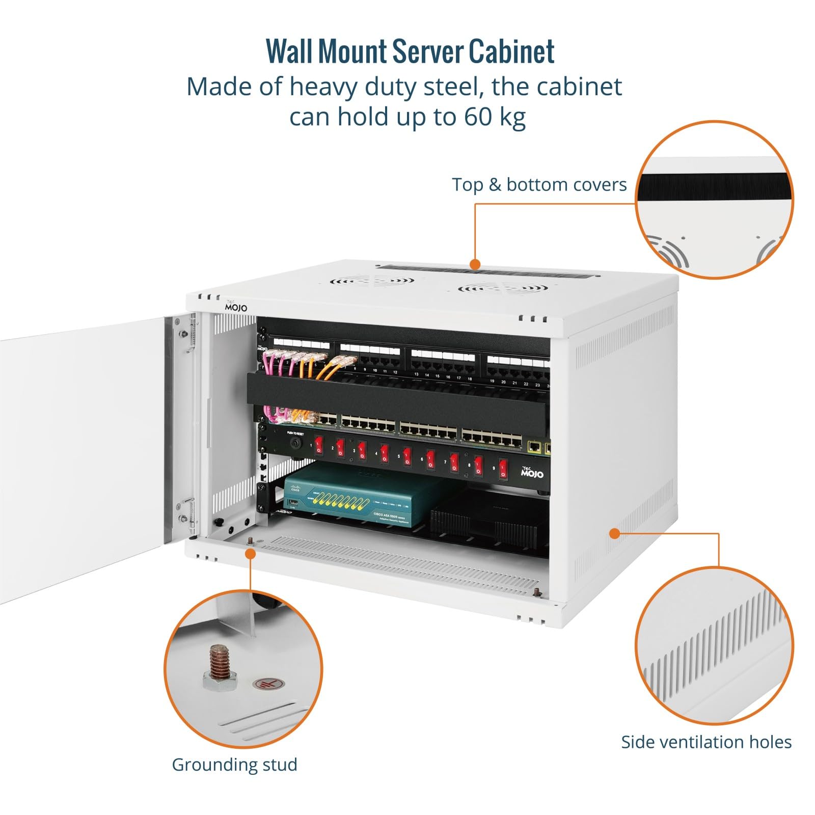 Tecmojo Armadio Server da 19 Pollici 7U per Montaggio a Parete, 400mm, Armadio di Rete, Rack IT da 19 Pollici, Porta in Vetro con Serratura, Bianco, Imballaggio Piatto