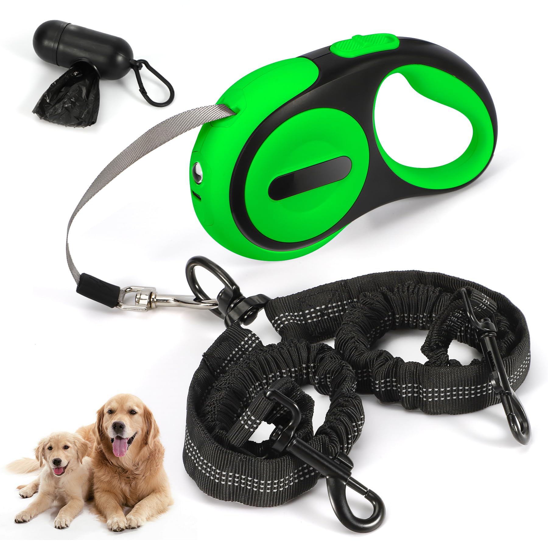Laisse double rétractable pour 2 grands chiens (jusqu'à 65 kg chacune), laisse à 2 têtes avec sacs à déjections canines et lumière LED rechargeable, pivot sans nœuds, verrouillage à un bouton (vert