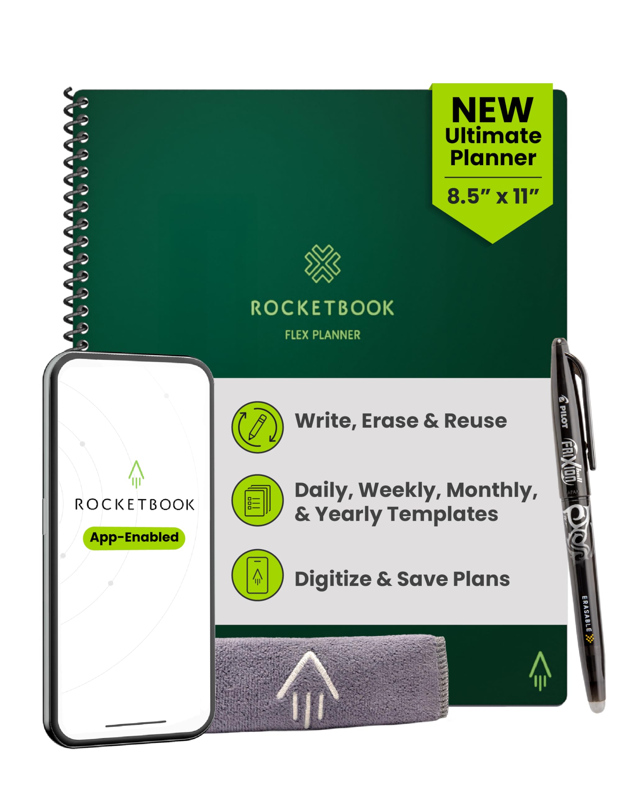 Rocketbook Flex Planner, riutilizzabile non datato intelligente, formato lettera 21,6 x 28 cm verde - Giornaliero, settimanale, mensile, calendario annuale, attività, obiettivi, pianificazione