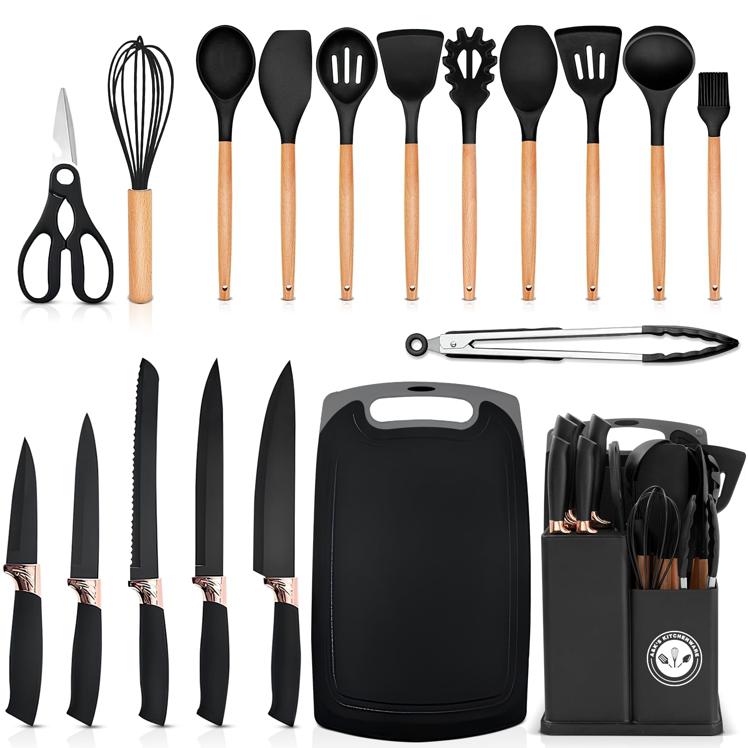A&K's Silicone Utensils set, non-stick cooking set, silicone spatula, Heat resistant, 6 pieces knife set, cutting board (19 Pcs Black)