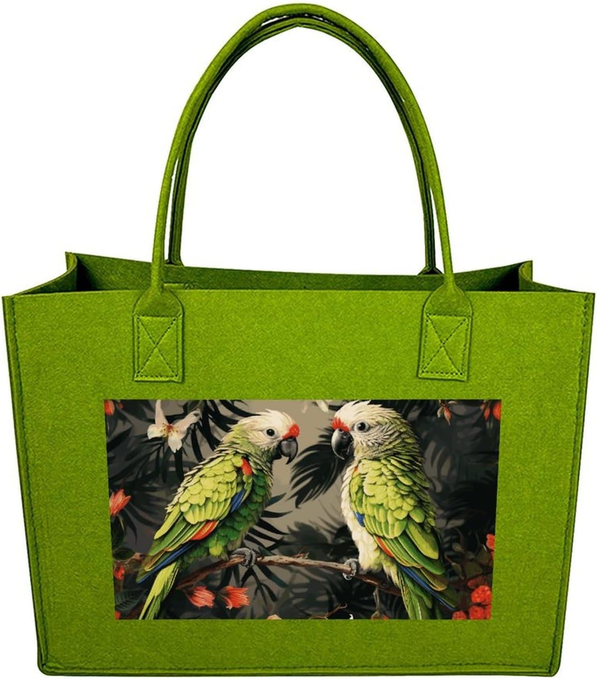 Couple Parrots Olive Tote Bag for Unisex, Large Felt Shopping Bag with Handles, Handbag, Reusable Gift Bag