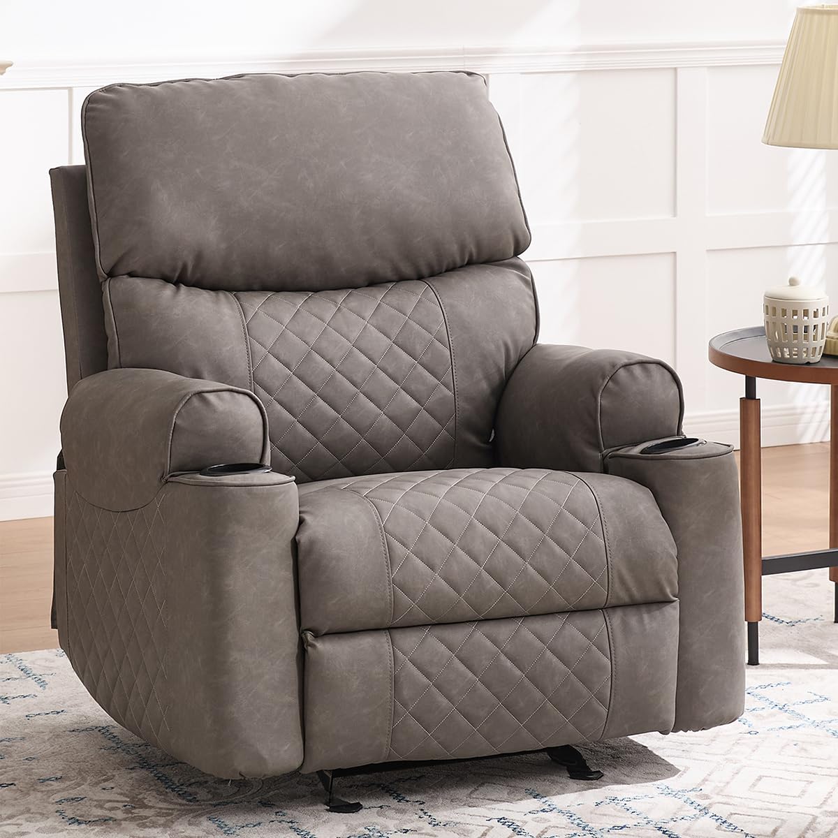 Recliner Chair,Rocking Chair with Cup Holders, Leather Reclining Chair for Adults, Theater Lounge Seating with Soft Padded Seat for Comfort (Faux