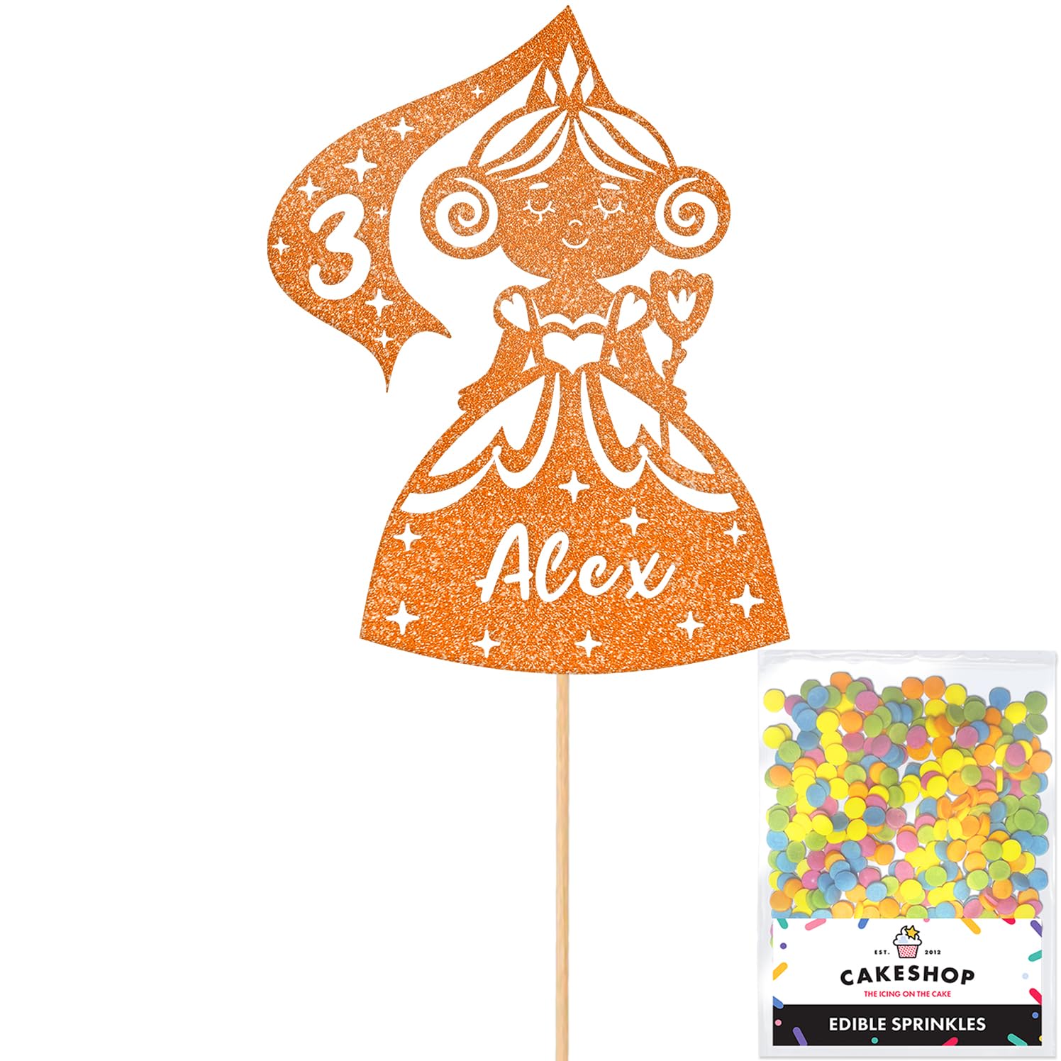 Personalised Birthday Princess Glitter Cake Topper- Copper Orange Any Custom Age & Name Glitter Cake Decoration and Sprinkles - Happy Birthday Decorations - Personalised Toppers for Cakes by Cakeshop