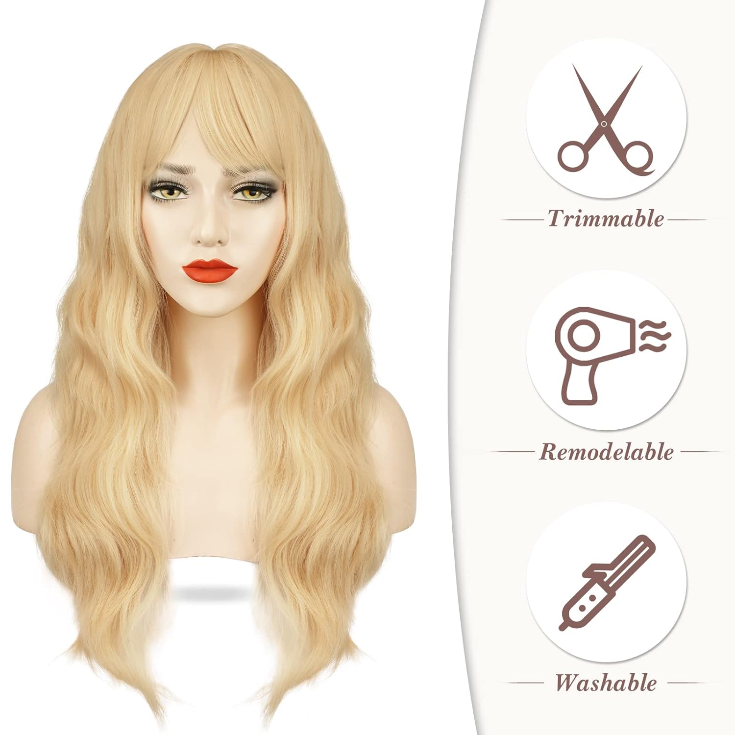 Long Blonde Wavy Wig With Bangs For Women And Girls Natural Color Cosplay Use Soft Stunning Durable Stylish._voghion.com
