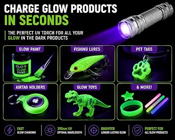 Mini UV Blacklight Glow Charging Torch, 395nm LED UV Flashlight for Charging Glow in The Dark Products, Glow Paint, Fishing Lures, Pet Tags, AirTag Holders, Toys & Camping Gear