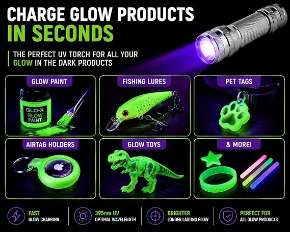 Mini UV Blacklight Glow Charging Torch, 395nm LED UV Flashlight for Charging Glow in The Dark Products, Glow Paint, Fishing Lures, Pet Tags, AirTag Holders, Toys & Camping Gear