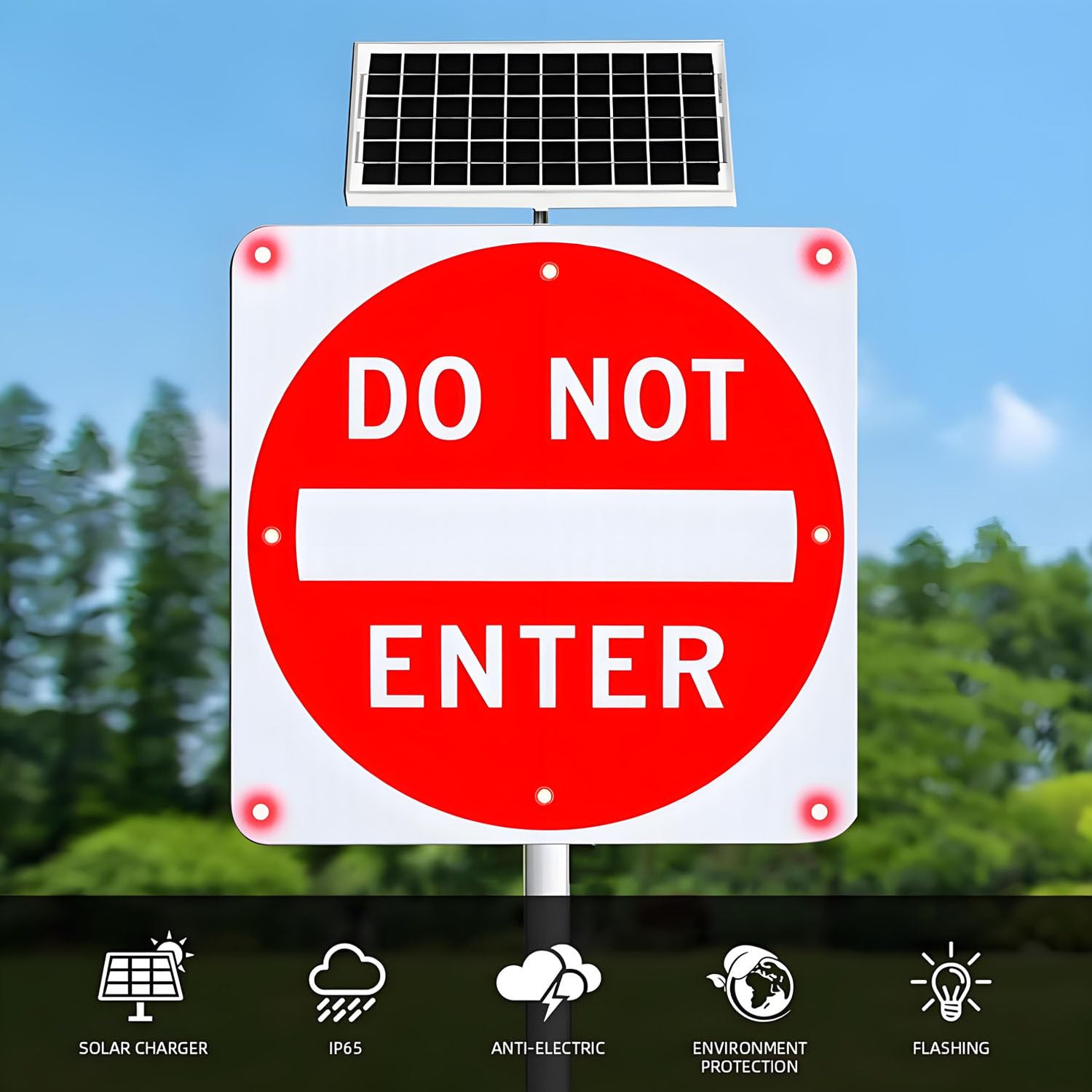Cartello lampeggiante a LED con scritta Vietato l'ingresso alimentato a energia solare,struttura in alluminio resistente e antiruggine,12LED,cartello a LED con scritta Vietato l'ingresso 24in-1piece