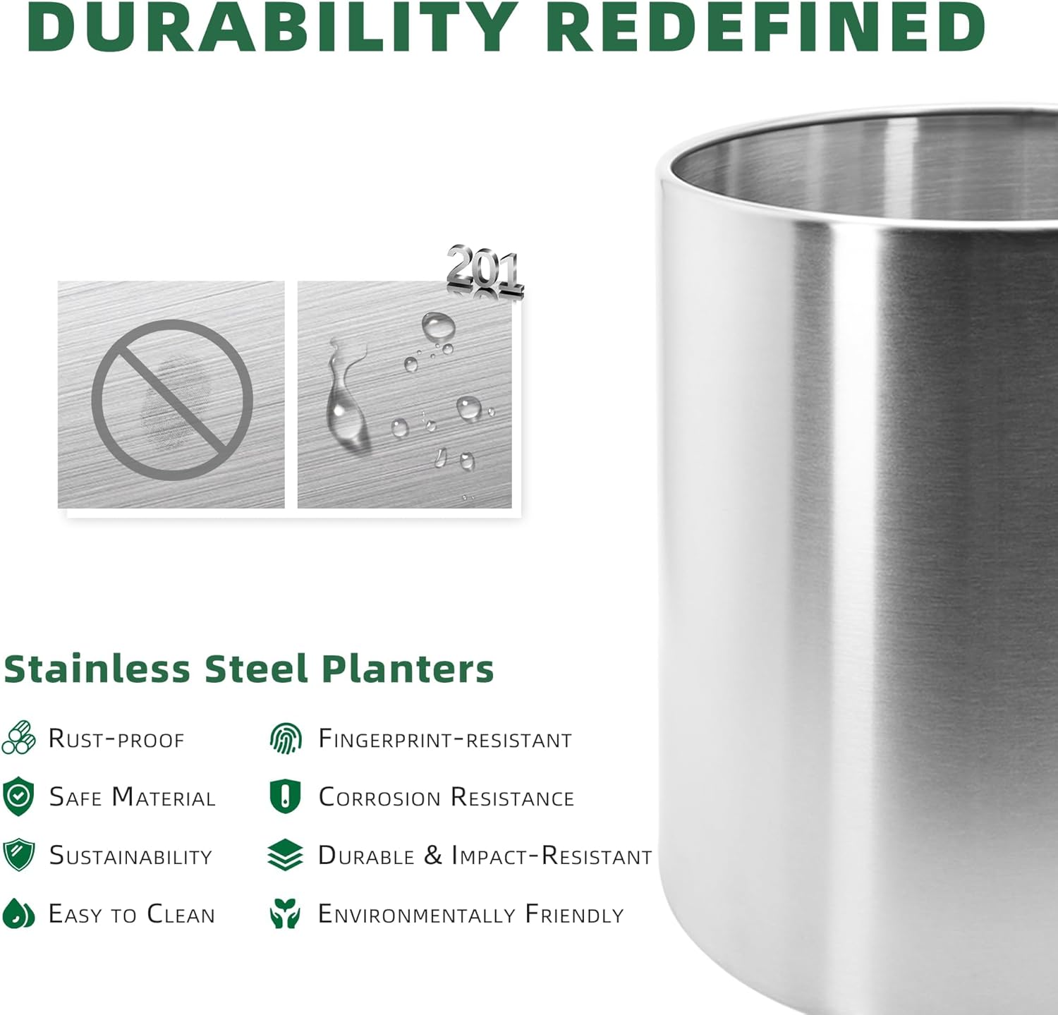 Longrun 30cm Stainless Steel Cylindrical Plants Pot, Large Home Patio Décor Gardening Flower Pot, Includes Tray with Universal Wheels - Curved Border