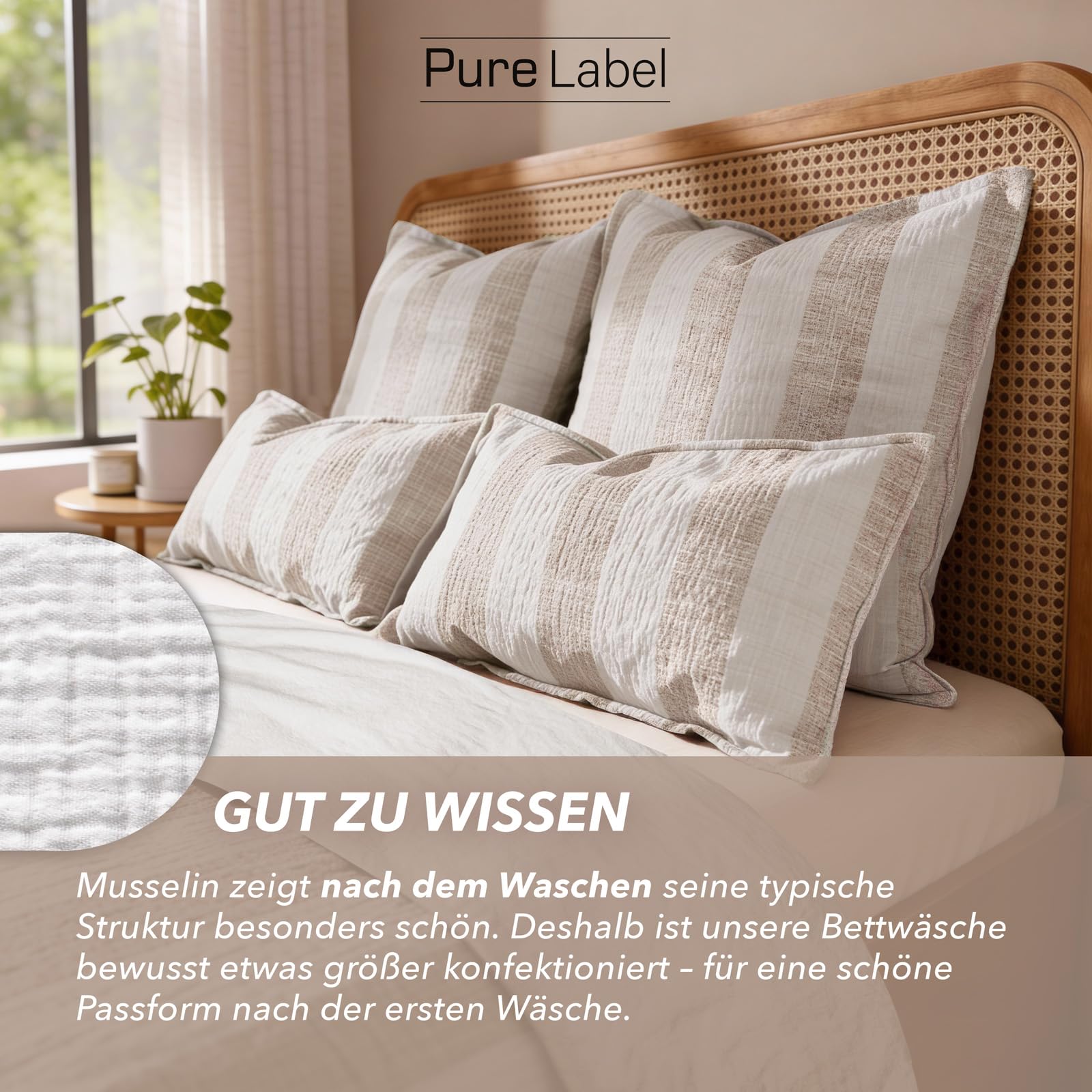 Pure Label Musselin Bettwäsche 135x200 Baumwolle, gestreiftes Bettwäsche Set Beige mit Kissenbezug 80x80, anschmiegsame Baumwoll-Rückseite - 4