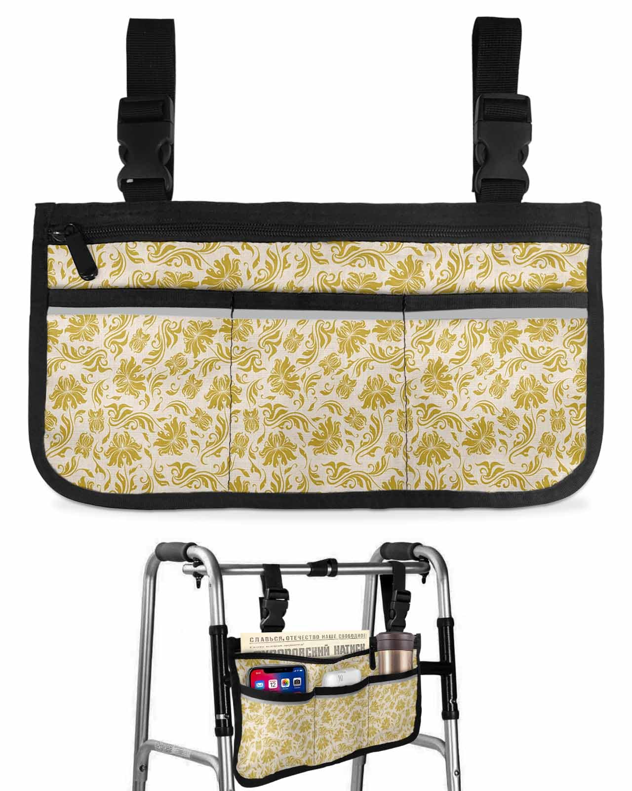 Anzona Yellow Botanical Wheelchair Side Bag Walker Bag, Boho Farmhouse Vintage Floral Wheelchair Accessories Armrest Pouch, Organizer Storage Bag for Walkers, Rollators, Scooters, 7.3''x13''