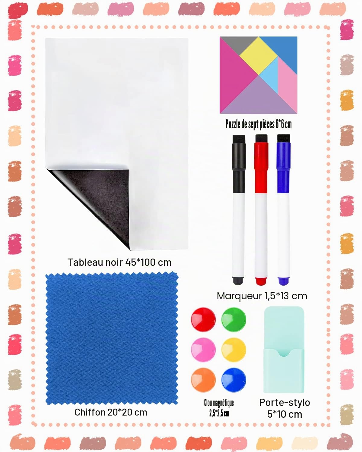 Tableau Blanc Magnetique, 45×100cm Adhesif Effacable Autocollant, Inclut 3 Feutres Effacables, 6 Aimants, Porte Crayon Magnétique, Tissu et Puzzles